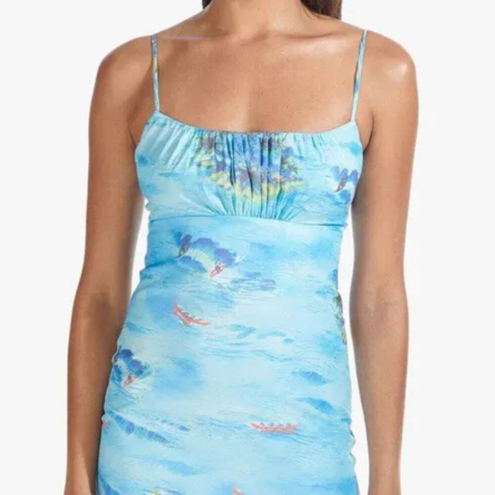 NWOT Staud Bell Island-Print Ruched Empire Waist Mini Dress Blue L $340 - Picture 3 of 8